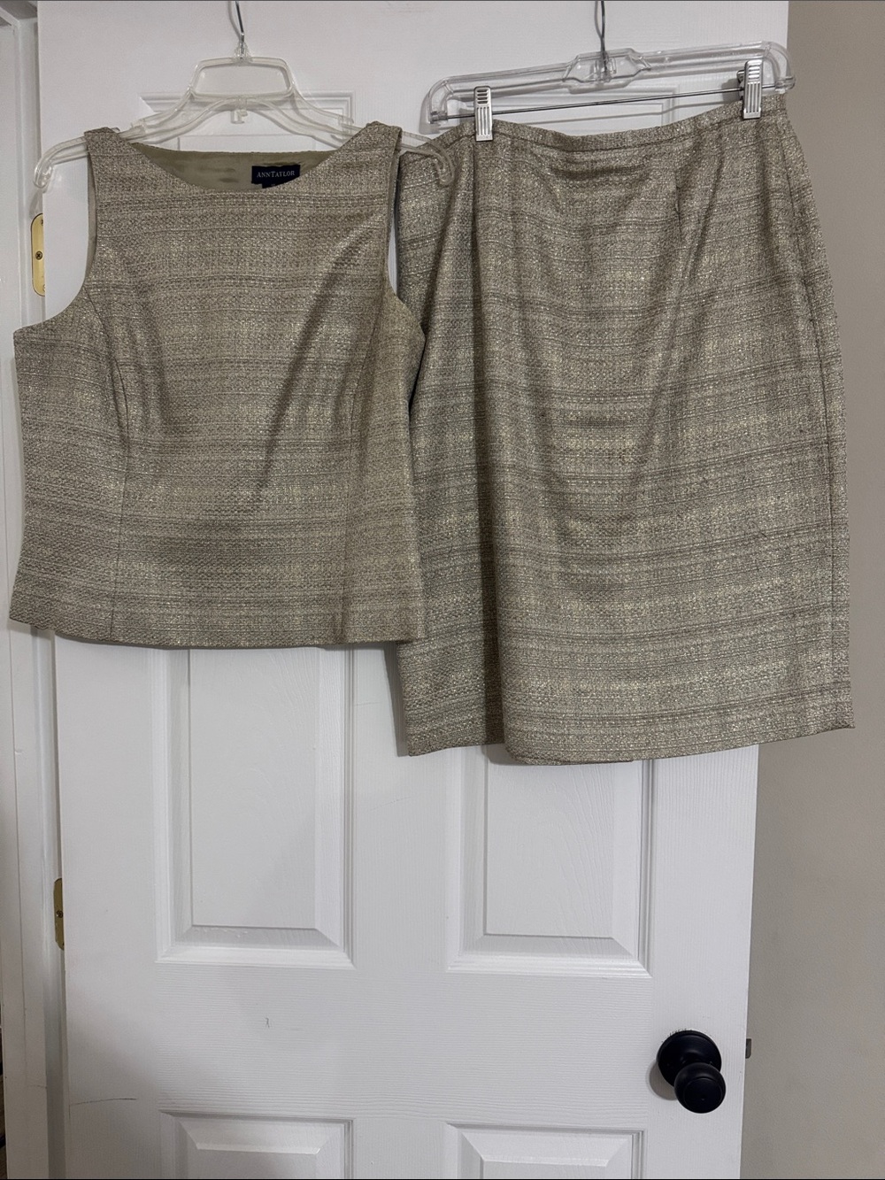 Ann Taylor Gold Beige Tweed with Shimmer Accent Thread Sleeveless Top and Skirt